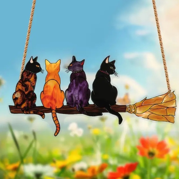 Colorful Cat Squad 2D Flat Acrylic Suncatcher Pendant with Broomstick Design - Picture 1 of 3